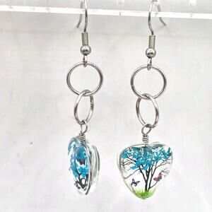 Earrings Glass Heart Shaped Tree Butterfly Inlay Dangle Pierced Fashion SKU 3078